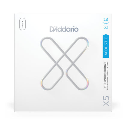 D'Addario XSAPB1253-3P 12-53 Regular Light, XS Phosphor Bronze Coated Acoustic Guitar Strings 3-Pack