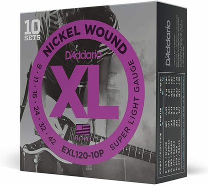 D'Addario EXL120-10P Nickel Wound Electric Strings, Super Light, 9-42, 10 Sets