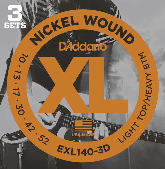 D'Addario EXL140-3D Nickel Wound Electric, Light Top/Heavy Bottom, 10-52, 3 Pack