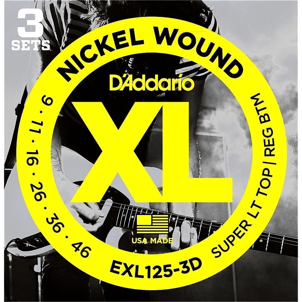 D'Addario EXL125-3D Nickel Wound, Super Light Top/ Regular Bottom, 09-46, 3 Pack