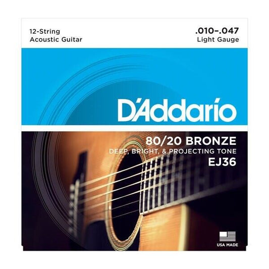 D'Addario EJ36 80/20 Bronze 12-String Acoustic Guitar Strings, Light, 10-47