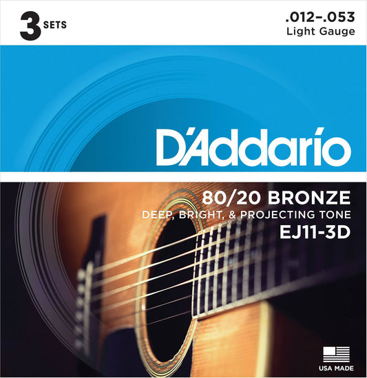 D'Addario EJ11-3D 80/20 Bronze Acoustic Guitar Strings, Light, 12-53, 3 Sets