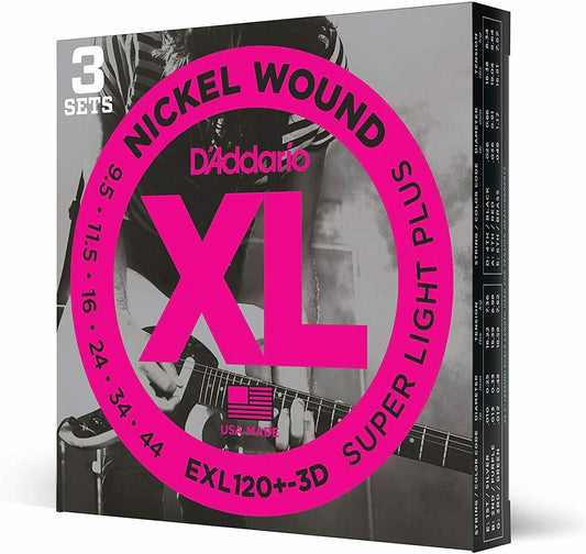 D'Addario EXL120+-3D Nickel Wound Electric Strings, Super Light Plus, 9.5 3-Pack