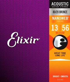 Elixir 11102 Nanoweb 80/20 Bronze Medium Acoustic Strings, 13-56