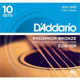 D'Addario EJ16-10P Phosphor Bronze Light Acoustic, 12-53, 10 Sets