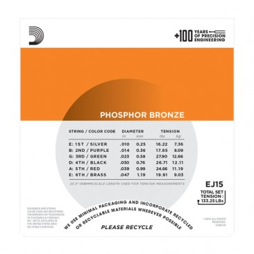 D'Addario EJ15-3D Phosphor Bronze, Extra Light, 10-47, 3 Sets