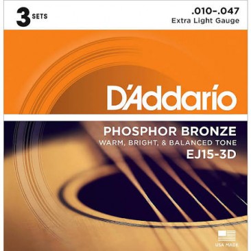 D'Addario EJ15-3D Phosphor Bronze, Extra Light, 10-47, 3 Sets