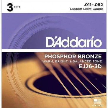 D'Addario EJ26-3D Phosphor Bronze, Custom Light, 11-52, 3 Set